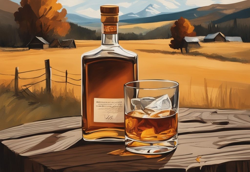 Nahaufnahme einer Flasche und eines Glases mit bernsteinfarbenem Whisky vor rustikaler bayerischer Landschaft, moderner Malerei-Illustration, bester Whisky aus Bayern