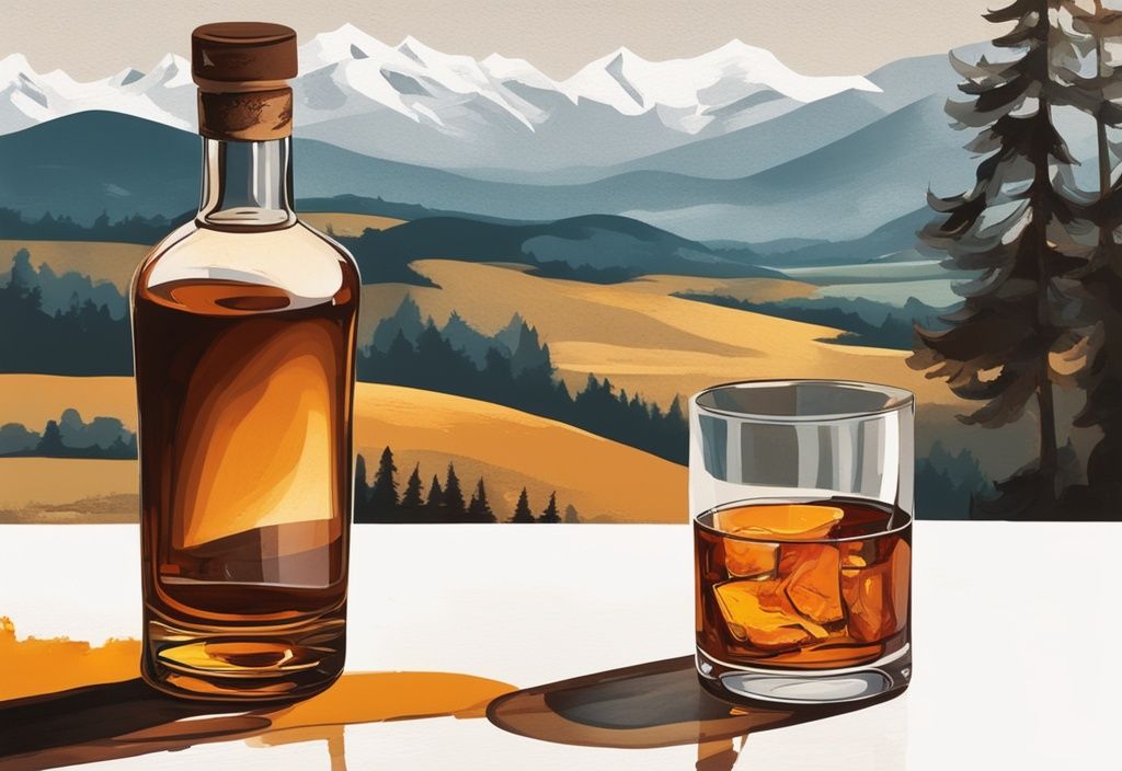 Nahaufnahme einer Flasche und eines Glases mit bernsteinfarbenem Whisky vor rustikaler bayerischer Landschaft, bester Whisky aus Bayern.