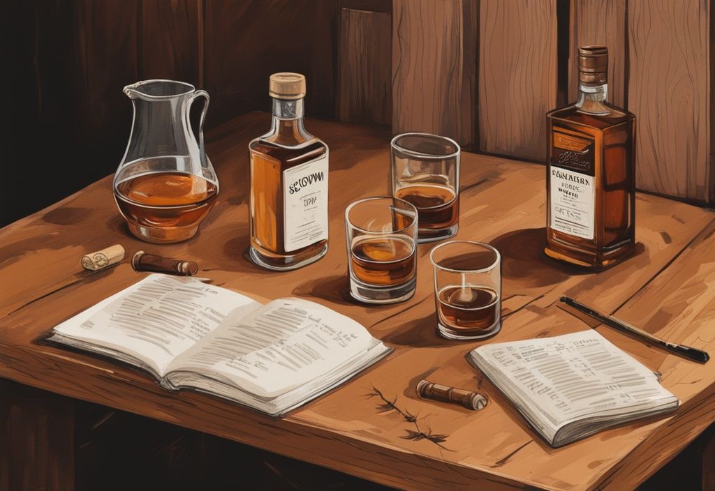 Moderne Malerei-Illustration mit braunem Farbschema, rustikaler Holztisch mit verschiedenen schottischen Whiskys, Tasting-Glas, Wasserkrug und Whisky-Empfehlungsführer