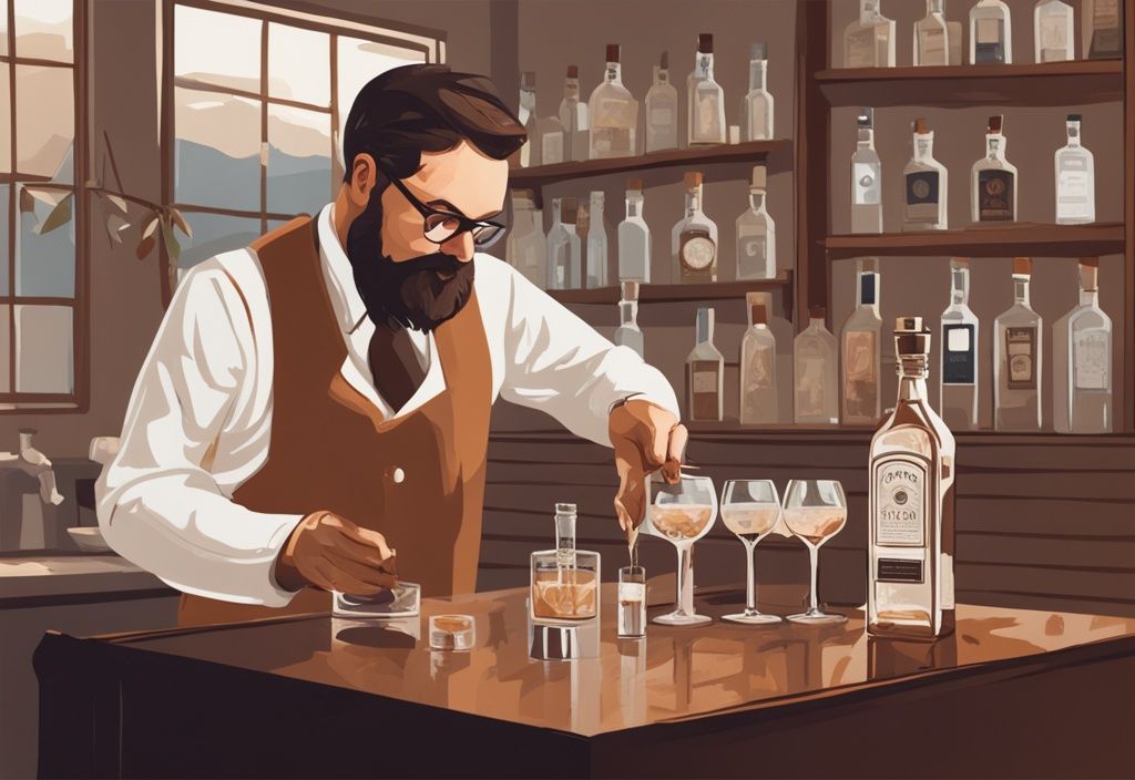 Moderner Gemäldeillustration eines Hafenmeisters, der eine Gin-Probe durchführt und eine Flasche Harbormaster Gin in ein Kristallglas gießt, Hauptfarbthema braun.