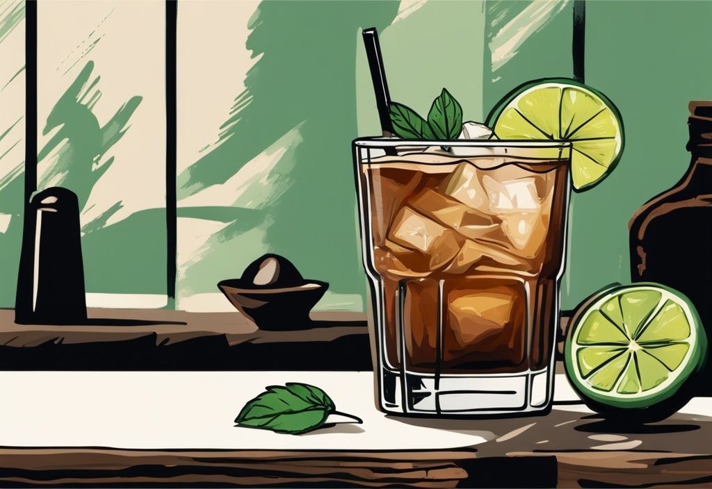 Moderner Gemälde-Illustration mit braunem Farbschema, erfrischender Southside Cocktail auf rustikalem Holztisch mit frischen Minzblättern, Limettenscheibe und vintage Cocktailshaker - Southside Cocktail Rezept.