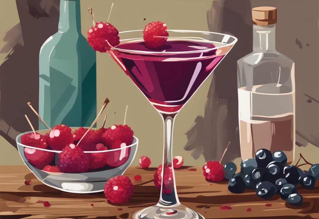 Moderne Malerei mit braunem Farbschema, Martini-Glas mit wildem Beeren-Cocktail, frischen Beeren, rustikalem Holztisch und verstreuten Rezeptzutaten.