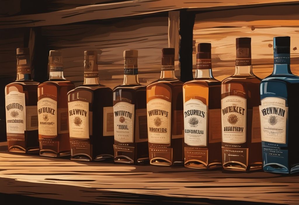 Moderne Illustration eines Gemäldes mit brauner Farbgebung, Sammlung erstklassiger amerikanischer Whiskeyflaschen auf rustikaler Holzbar, warmes Umgebungslicht hebt Etiketten hervor