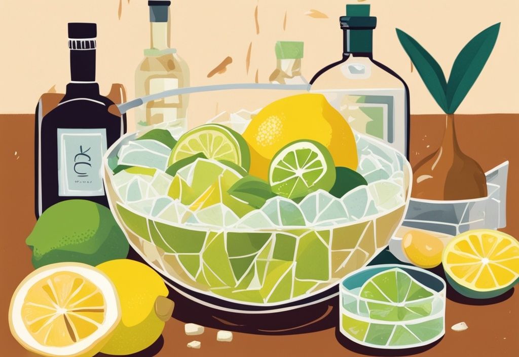 Moderne Illustration einer Kristallschale mit einem lebhaften, zitronigen Gin-Cocktail, umgeben von frischen Zitronen, Limetten und einer Flasche Premium-Gin, Hauptfarbe Braun