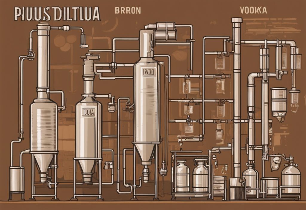 Moderne Illustration der Wodkaproduktion in Brauntönen, die den detaillierten Prozess vom Fermentieren der Körner bis zur Destillation und Abfüllung zeigt.