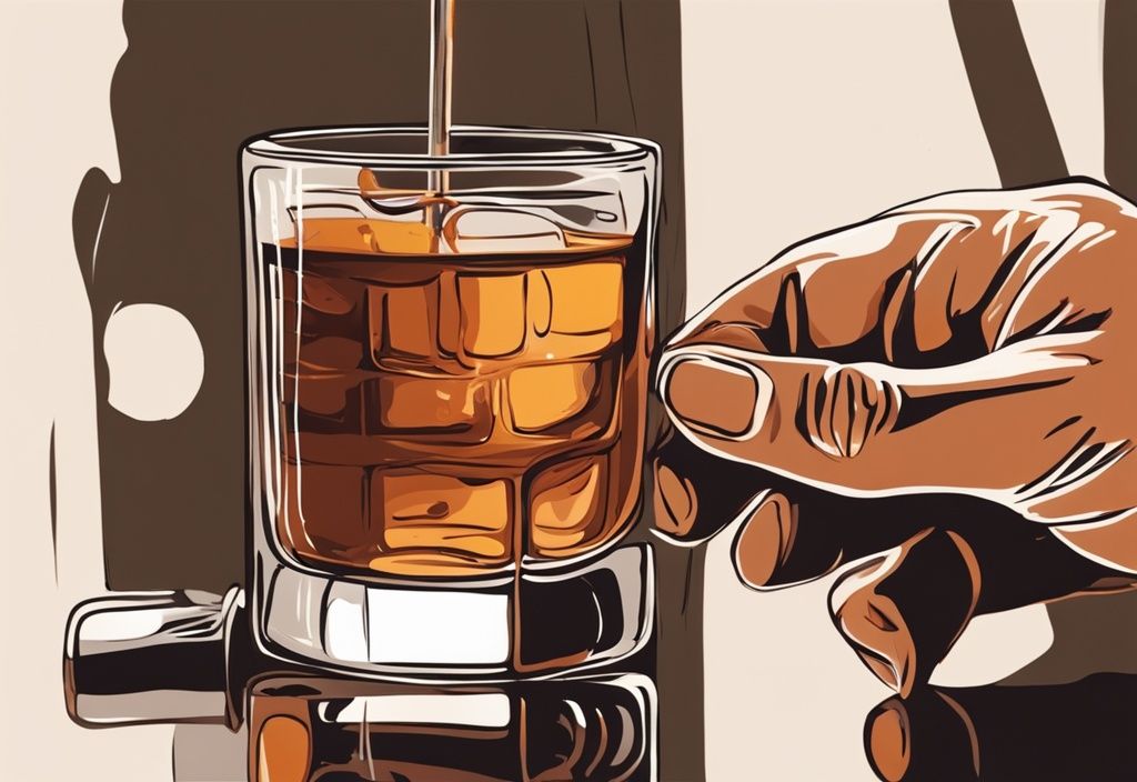 Nahaufnahme einer Hand, die ein Glas Whisky mit einem Thermometer hält, das die ideale Trinktemperatur von Whisky anzeigt, moderne Malerei im Hintergrund, Hauptfarbthema Braun.