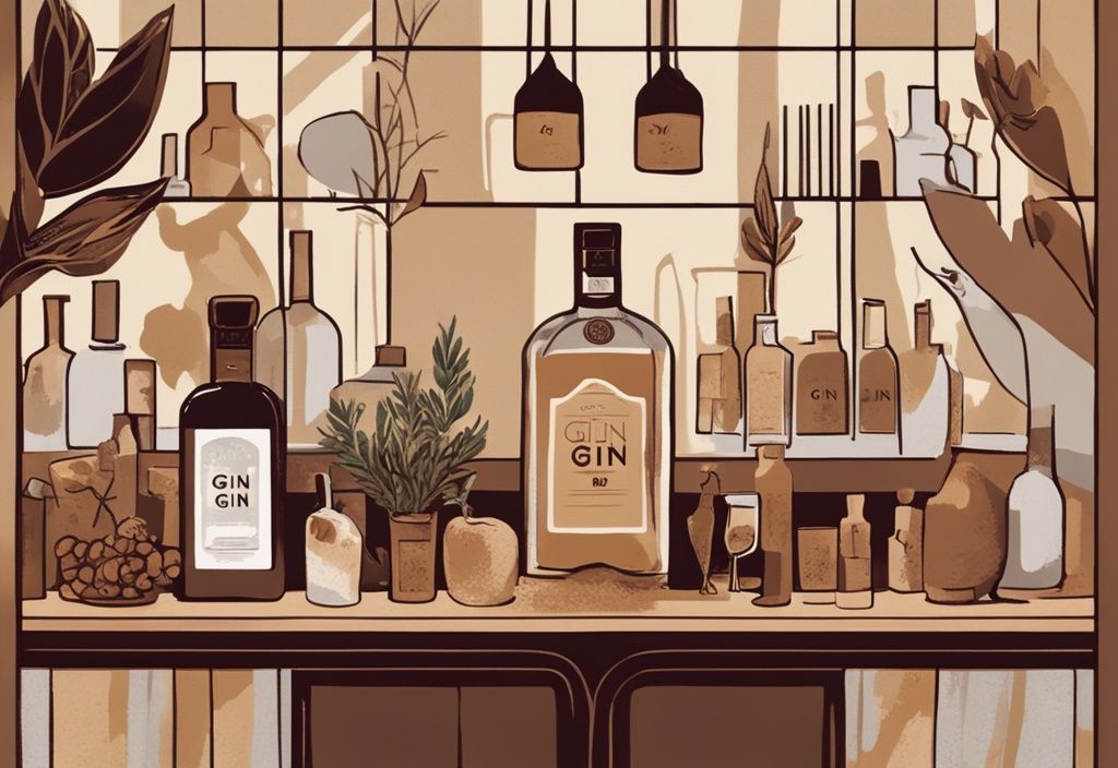 Moderne Illustration eines Gemäldes mit braunem Farbschema, zeigt eine makellose Flasche Castelgy Gin auf einer eleganten Bar, umgeben von verschiedenen Botanicals, die bei der Destillation verwendet werden, mit einem Verkostungsglas Gin in der Nähe.