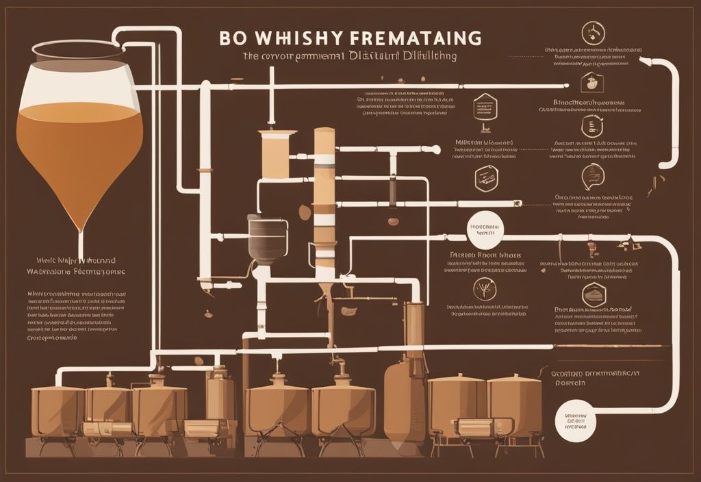 Moderne Illustration eines vereinfachten Infografik zur Whisky Herstellung einfach erklärt, mit den Hauptschritten Malzen, Maischen, Fermentation, Destillation und Reifung, in Brauntönen gehalten.