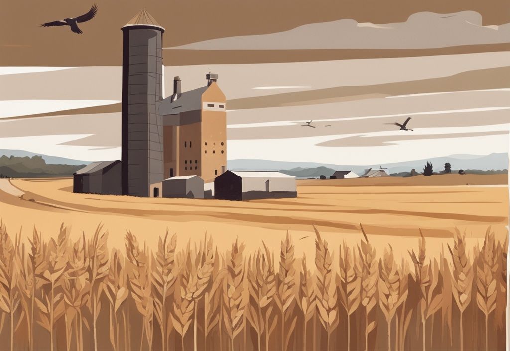 Moderne Malerei Illustration einer französischen Landschaft mit Weizenfeldern und einer Brennerei im Hintergrund, symbolisiert die Grey Goose Vodka Herkunft.