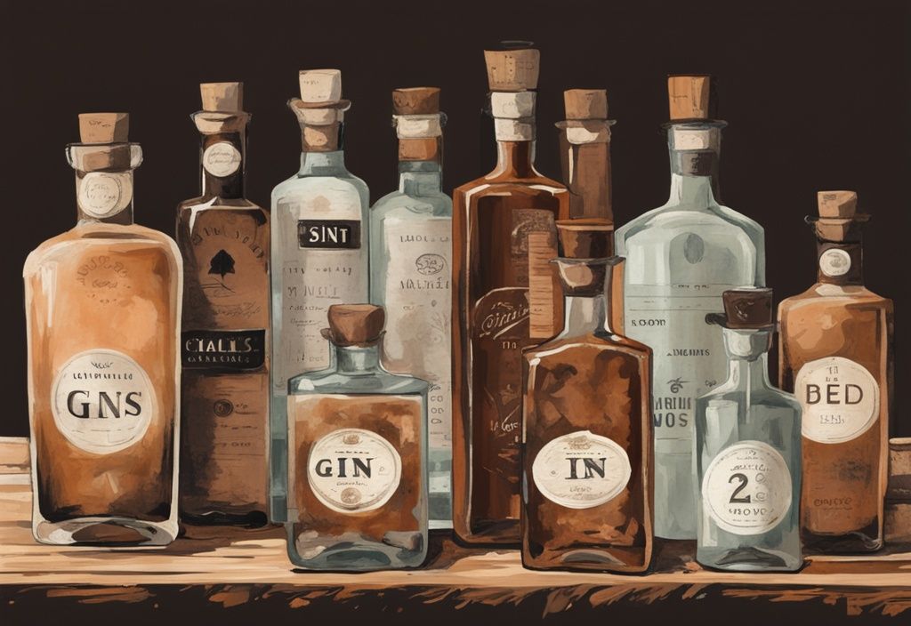 Moderne Malerei-Illustration mit brauner Farbgebung, verschiedene Gin-Flaschen unter 20 Euro auf rustikalem Holztisch arrangiert