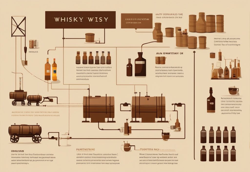 Moderne Illustration des Whiskyherstellungsprozesses, Hauptfarbe Braun, von der Getreideauswahl bis zur Abfüllung