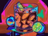 Moderne Malerei mit Brauntönen und einem Gin Tonic unter Schwarzlicht, das einen faszinierenden Neon-Effekt erzeugt. Gin Tonic Schwarzlicht.