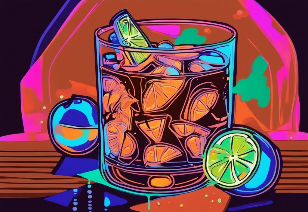 Moderne Malerei mit Brauntönen und einem Gin Tonic unter Schwarzlicht, das einen faszinierenden Neon-Effekt erzeugt. Gin Tonic Schwarzlicht.