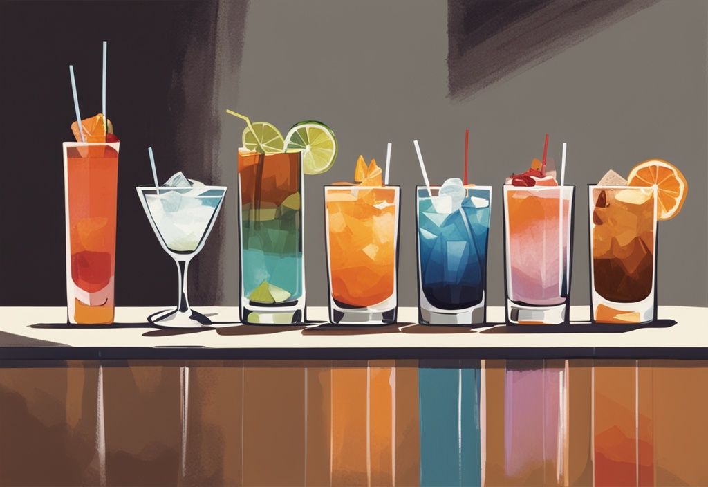 Moderne Malerei-Illustration mit braunem Farbschema, bunte Cocktails in Highball-Gläsern auf einer eleganten Bartheke, prominent eine Flasche Sodawasser.