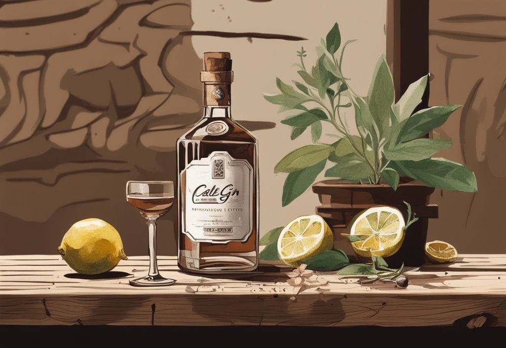 Moderne Illustration eines Castelgy Gin auf rustikalem Holztisch, umgeben von Botanicals und einem gefüllten Verkostungsglas - Castelgy Gin Test.