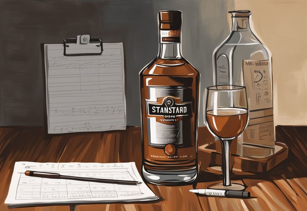 Modernes Gemälde mit braunem Farbschema, Glas mit Russian Standard Vodka auf Holztisch, umgeben von Partitur, Stift und Vodkaflasche im Hintergrund - Russian Standard Vodka Test