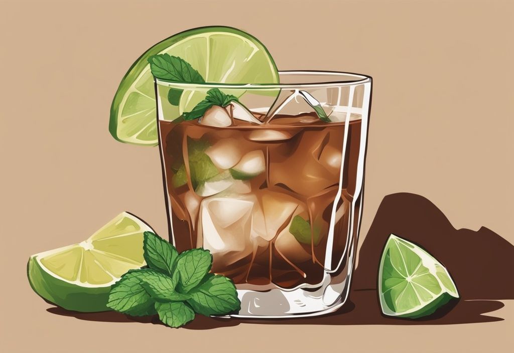 Moderne Malerei-Illustration mit brauner Farbgebung und einem erfrischenden Southside Cocktail, umgeben von Minzblättern, Limette und Gin.