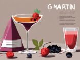 Moderne Illustration eines braunen Gemäldes mit einem Martini-Glas, gefüllt mit einem lebhaften Wild Berry Cocktail, garniert mit frischen Beeren auf einer eleganten Bar. Im Hintergrund eine Rezeptkarte für Martini mit Wild Berry Rezept.