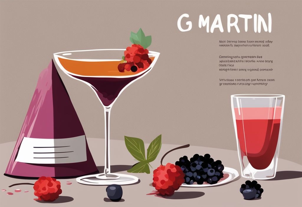 Moderne Illustration eines braunen Gemäldes mit einem Martini-Glas, gefüllt mit einem lebhaften Wild Berry Cocktail, garniert mit frischen Beeren auf einer eleganten Bar. Im Hintergrund eine Rezeptkarte für Martini mit Wild Berry Rezept.