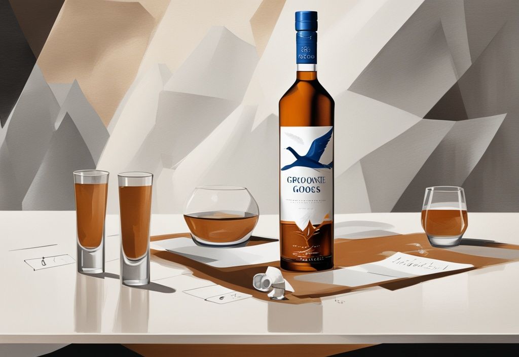 Moderne Malerei-Illustration mit braunem Farbthema, eine elegante Flasche Grey Goose Vodka auf einem Tisch mit Shotgläsern, Verkostungskarte und stilvollem Hintergrund - Grey Goose Vodka Test.