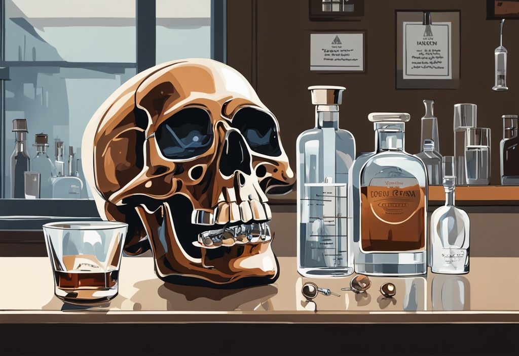 Moderne Malerei mit braunem Farbschema, Crystal Head Vodka Flasche auf stilvollem Tresen, umgeben von Testgeräten wie Refraktometer, Hydrometer und Verkostungsgläsern.