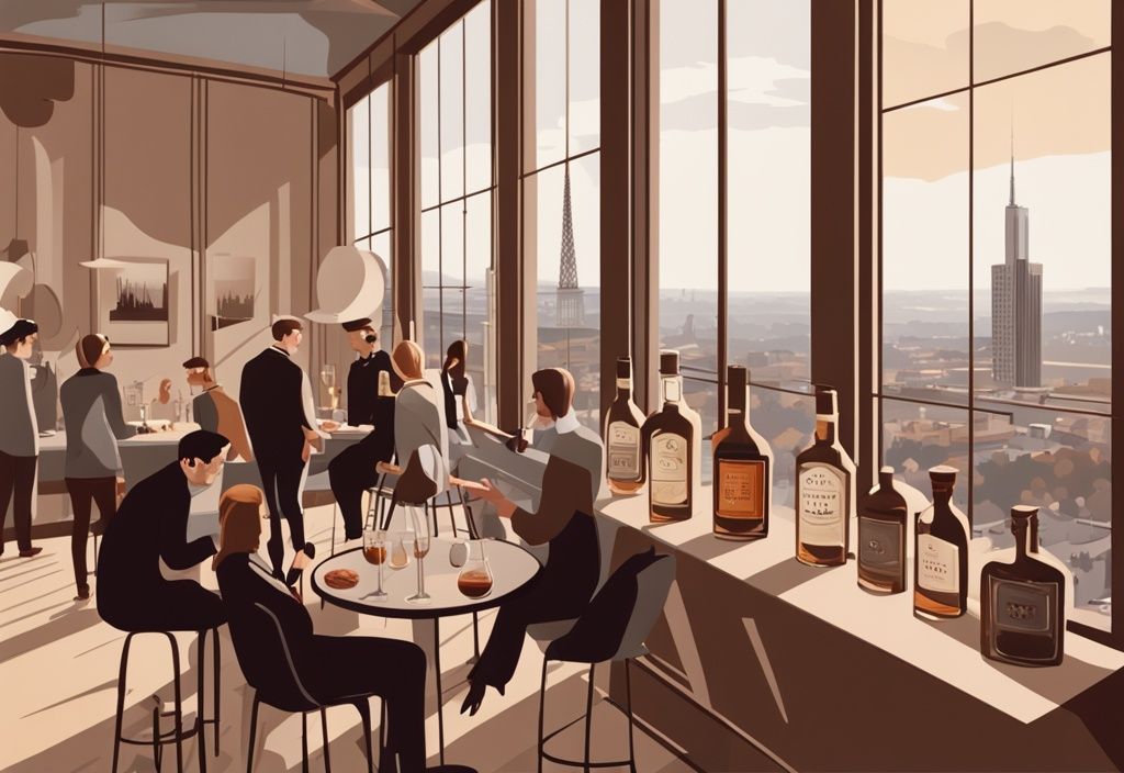 Moderne Malerei-Illustration mit braunem Farbthema, Menschen genießen Gin in einem eleganten Verkostungsraum mit Blick auf die Skyline von Stuttgart.