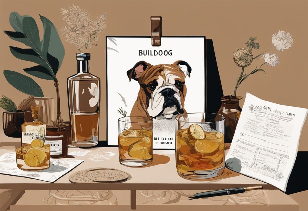 Moderne Malerei-Illustration mit braunem Farbschema, ein Glas Bulldog Gin auf einem Tisch umgeben von Botanicals, mit einem Bewertungsbogen und Stift für einen Bulldog Gin Test.