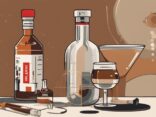 Moderne Malerei mit braunem Farbschema, Stolichnaya Vodka prominent auf einem Tisch mit Testgeräten wie Refraktometer, Hydrometer und Verkostungsgläsern, Stolichnaya Vodka Test.