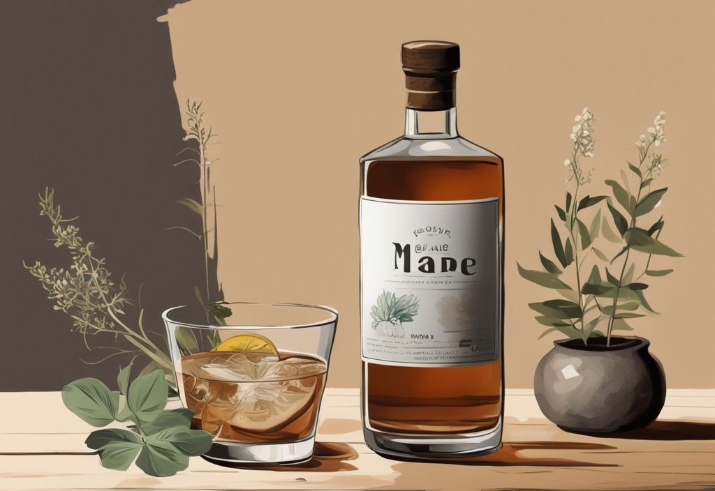 Modernes Gemälde mit braunem Farbschema, Gin Mare Flasche auf rustikalem Holztisch, umgeben von frischen Botanicals, mit einem Verkostungsglas Gin.