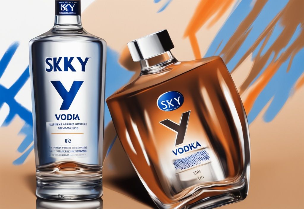 Nahaufnahme einer Flasche Skyy Vodka mit halbvollem Glas, modernes Gemälde im Hintergrund, braune Farbtöne, unscharfer Hintergrund mit schriftlicher Bewertung.