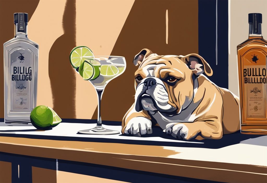 Moderne Malerei mit Brauntönen, ein kristallklares Glas Bulldog Gin mit Limettenscheibe auf einer eleganten Theke, daneben die ikonische Bulldog Gin Flasche und eine Punktetafel.