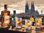 Moderne Malerei-Illustration eines Gin Tasting in Köln mit brauner Farbthematik, zeigt eine lebhafte Szene mit verschiedenen Ginflaschen auf einem rustikalen Holztisch, Menschen, die Gläser anstoßen, und dem Kölner Dom im Hintergrund.