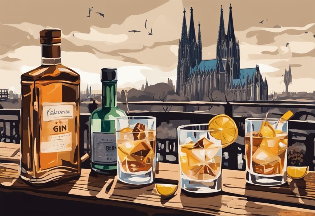 Moderne Malerei-Illustration eines Gin Tasting in Köln mit brauner Farbthematik, zeigt eine lebhafte Szene mit verschiedenen Ginflaschen auf einem rustikalen Holztisch, Menschen, die Gläser anstoßen, und dem Kölner Dom im Hintergrund.