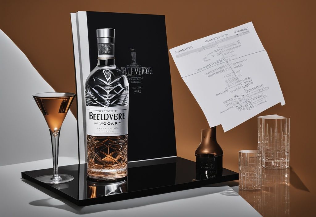 Moderne Malerei mit braunem Farbschema, kristallklares Glas Belvedere Vodka auf schwarzer Oberfläche, Belvedere-Flasche und Scorecard im Hintergrund.