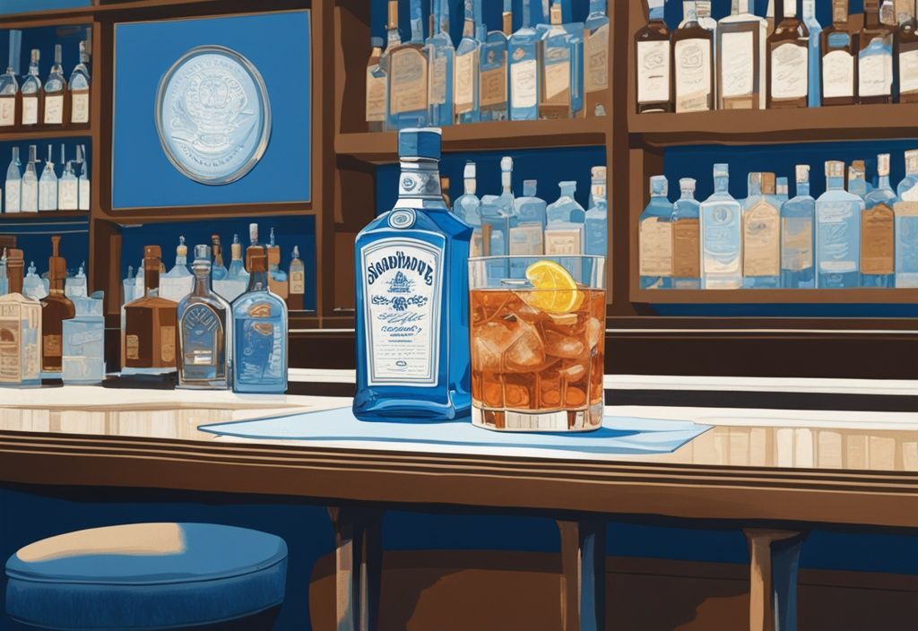 Moderne Malerei-Illustration mit braunem Farbthema zeigt ein klares Glas Bombay Sapphire Gin auf einer eleganten Theke, ikonische blaue Flasche im Hintergrund mit Bewertungsbogen für Geschmackstest.