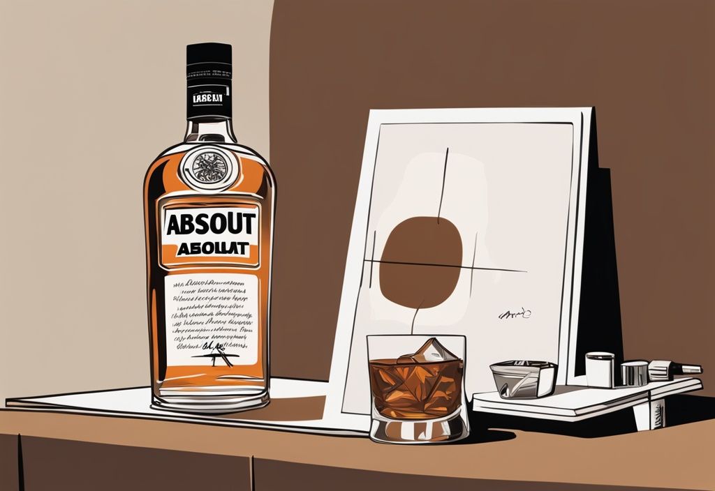 Moderne Malerei-Illustration in Brauntönen mit einem klaren Glas gefüllt mit Absolut Vodka neben einer offenen Flasche derselben Marke, einem Wertungsblatt und einem Stift auf einem eleganten Bartresen - Absolut Vodka Test.