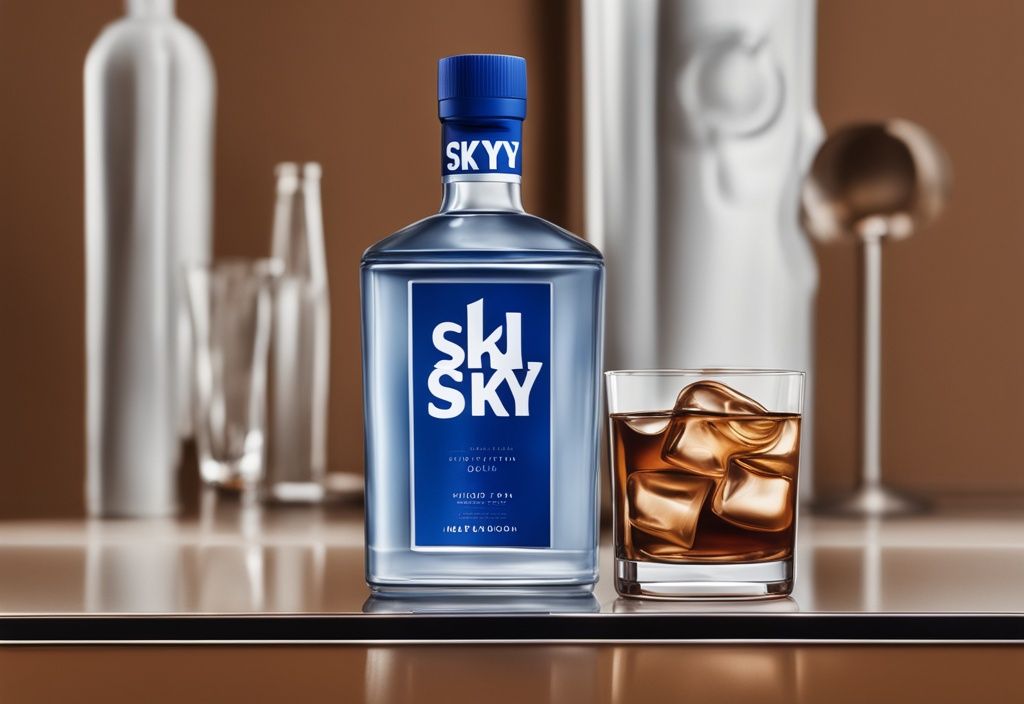 Nahaufnahme einer Skyy Vodka Flasche und eines mit klarem Getränk gefüllten Glases auf einem modernen Bartresen, Hauptfarbthema Braun, ideal für Skyy Vodka Bewertung.