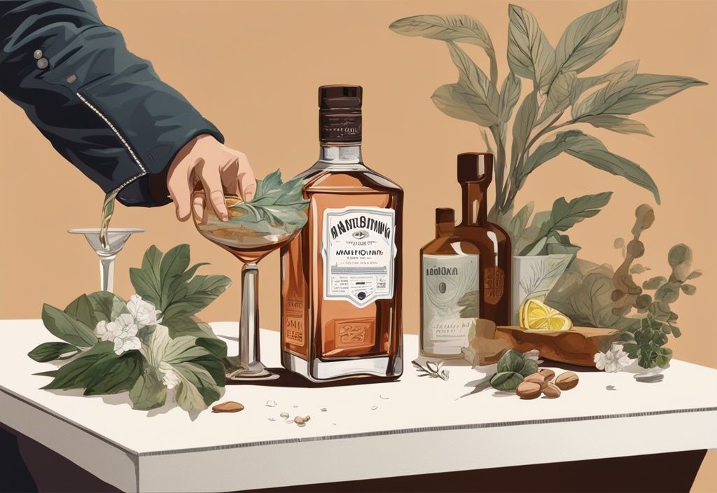 Moderne Illustration mit braunem Farbschema: Eine Flasche Aviation Gin auf einem eleganten Tresen, umgeben von Botanicals, während eine Hand den Gin in ein Glas gießt.