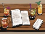 Moderne Malerei mit braunem Farbschema, zeigt bunte Rum Cocktails auf rustikalem Holztresen, unterschiedlich garniert, mit einem aufgeschlagenen Rezeptbuch im Hintergrund, Rum Cocktails Rezepte.