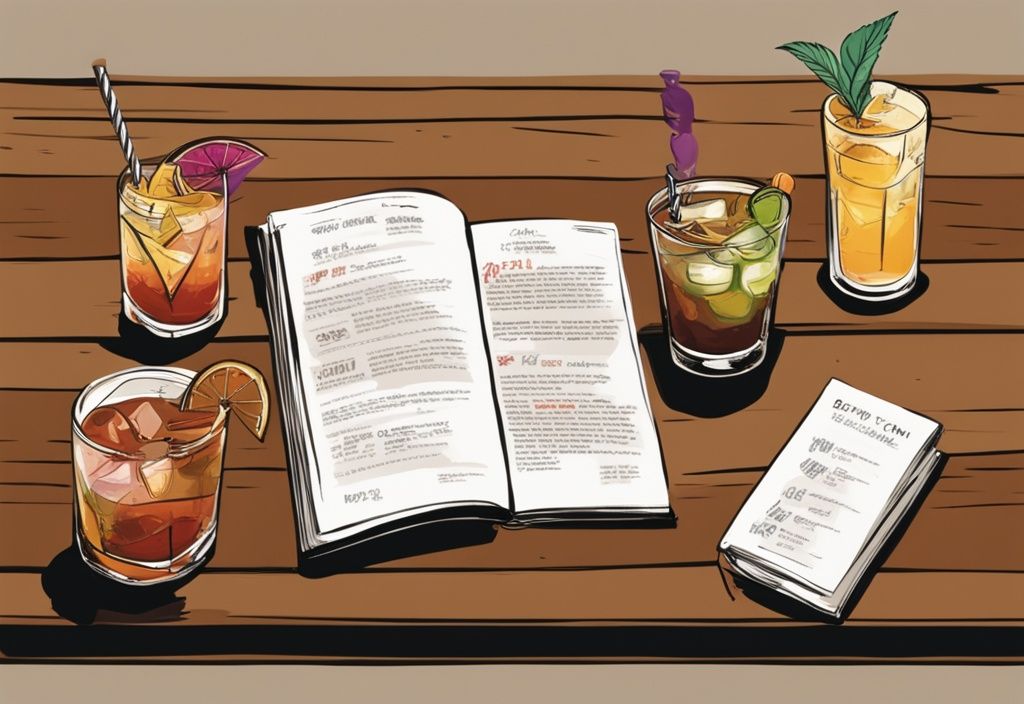 Moderne Malerei mit braunem Farbschema, zeigt bunte Rum Cocktails auf rustikalem Holztresen, unterschiedlich garniert, mit einem aufgeschlagenen Rezeptbuch im Hintergrund, Rum Cocktails Rezepte.