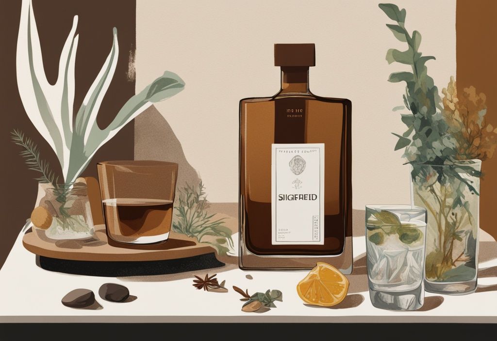 Moderne Illustration eines Siegfried Dry Gin mit braunem Farbschema, umgeben von Botanicals und einem Verkostungsglas auf einem Tisch.