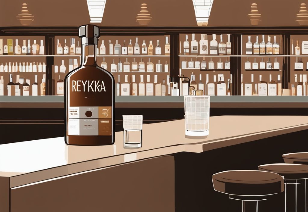 Moderne Malerei mit braunem Farbschema, ein klares Glas Reyka Vodka auf einer eleganten Theke, im Hintergrund eine Reyka-Flasche und eine Bewertungskarte für den Reyka Vodka Test.