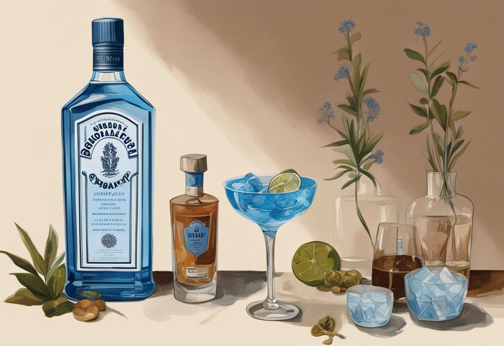 Moderne Malerei mit braunem Farbschema zeigt ein kristallklares Glas Bombay Sapphire Gin auf einer eleganten Bar, umgeben von Botanicals und einer Bewertungskarte für den Bombay Sapphire Gin Test.