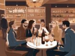 Moderne Malerei-Illustration mit brauner Farbthematik: Gruppe von Menschen genießt eine Gin Tasting-Session in einer modernen, gehobenen Bar in Stuttgart.