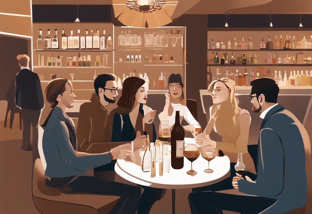 Moderne Malerei-Illustration mit brauner Farbthematik: Gruppe von Menschen genießt eine Gin Tasting-Session in einer modernen, gehobenen Bar in Stuttgart.