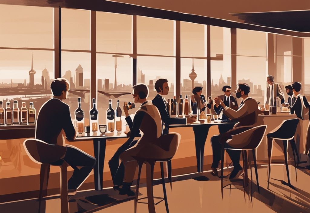 Moderne Malerei-Illustration eines Gin-Tasting-Events in einer eleganten Bar mit Blick auf die ikonische Skyline von Düsseldorf, Hauptfarbthema Braun.