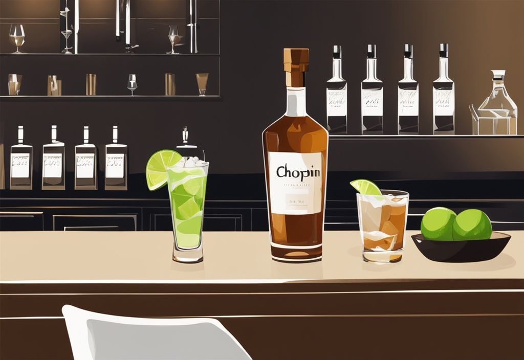 Moderne Malerei mit braunem Farbschema zeigt Chopin Vodka auf einer stilvollen Bartheke, umgeben von einem Kristallglas mit klarem Spirituosen, einem Eiskübel und Limettenscheiben; Chopin Vodka Bewertung.