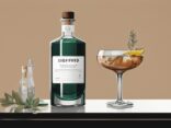 Moderne Malerei mit braunem Farbschema, zentral positionierte Flasche Siegfried Dry Gin auf einer eleganten Bar, umgeben von einem Gin-Glas, einer Schale frischer Botanicals und einer Punktetafel für den Siegfried Dry Gin Test.