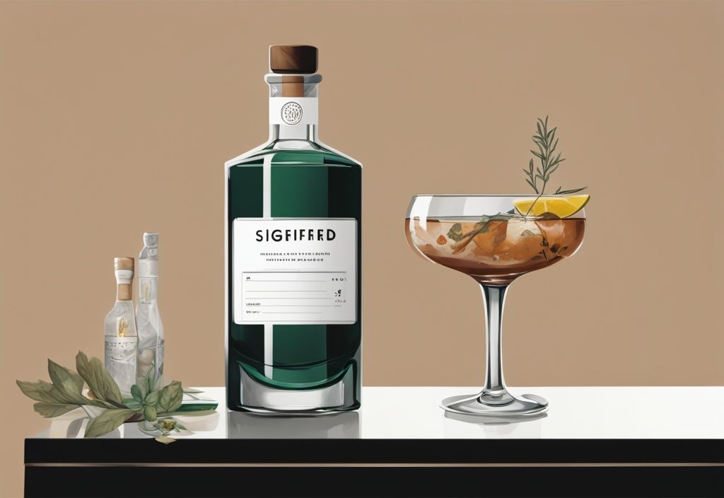 Moderne Malerei mit braunem Farbschema, zentral positionierte Flasche Siegfried Dry Gin auf einer eleganten Bar, umgeben von einem Gin-Glas, einer Schale frischer Botanicals und einer Punktetafel für den Siegfried Dry Gin Test.