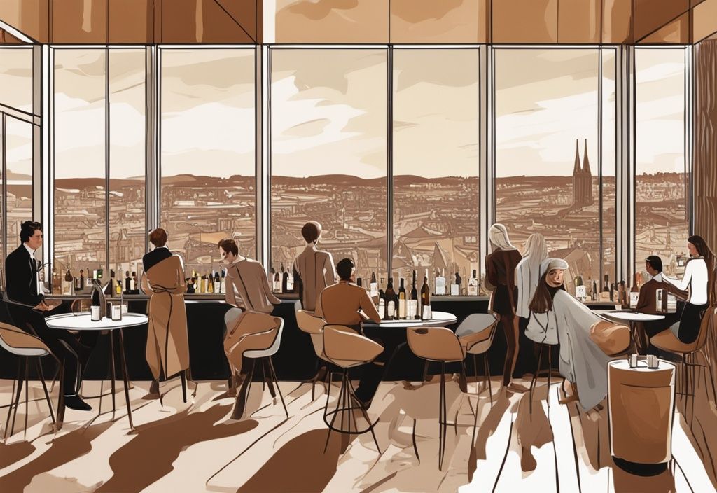 Moderne Malerei-Illustration einer Gin-Verkostung in einem eleganten Raum mit Blick auf die Stuttgarter Skyline, Hauptfarbton braun.